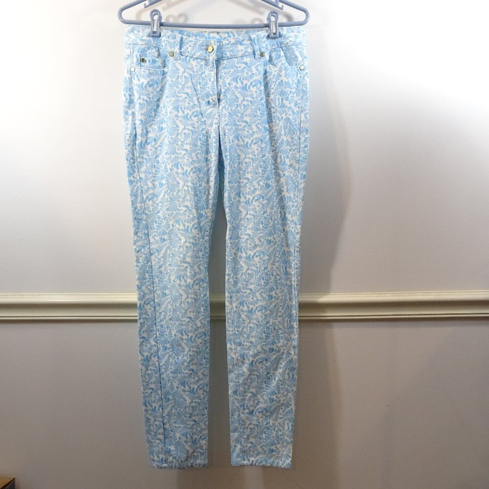 J MCLAUGHLIN Sz 8 Blue White Floral Fern Print Stretch 5 Pocket Jeans Coastal